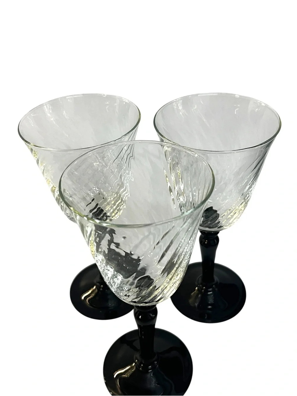 Vintage Cristal D'Arques Onyx Wine Glasses Black Stem Swirl Bowl France Set of 3